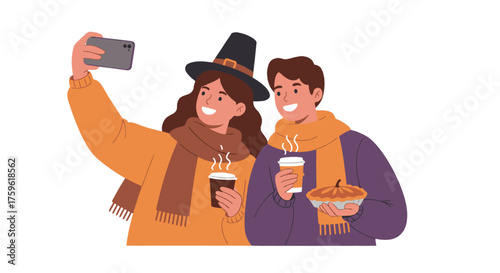 A couple taking a selfie while holding coffee and a pie, enjoying the autumn season.