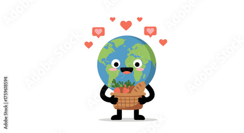 Cartoon Earth character holding a basket of carrots with hearts floating above it, symbolizing love for the planet.