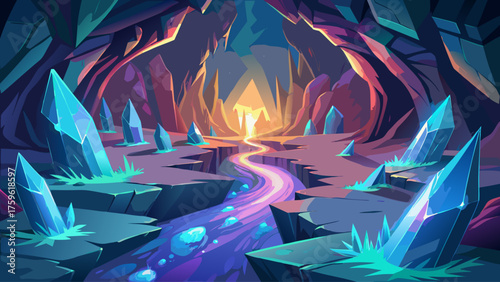 Huge underground fault illuminated by glowing crystals, cavern walls split by deep fissures, mysterious natural wonder blending power and beauty
