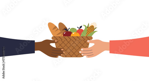 Two hands exchanging a basket filled with fresh bread, fruits, and vegetables, symbolizing sharing and community support.