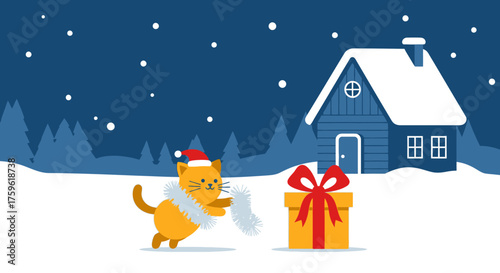 Festive Cartoon Cat with Gift and Christmas Decorations.
