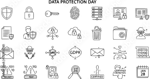Data Protection Day hand-drawn icons set. Cybersecurity, privacy, GDPR, and internet security concept doodle illustrations.