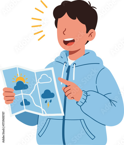 Boy pointing at weather map for educational or weatherrelated content in a lively setting, suitable for school projects or weather reports.
