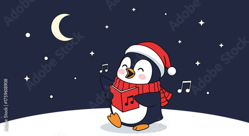 Cartoon Penguin Singing Christmas Carols Under Night Sky.