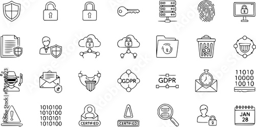 Data Security, Privacy, and GDPR Line Icons Set. Collection of Hand Drawn Symbols for Cybersecurity, Digital Information Protection, Compliance, and Confidentiality.