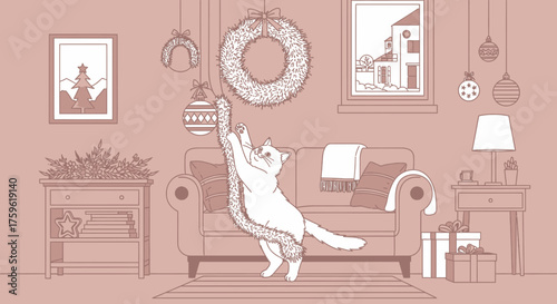 Playful Cat Reaching for Christmas Garland Decoration.