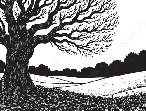 Woodcut Illustration of a Leafless Tree and Distant Walkers 