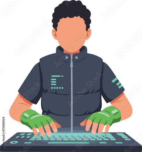 Description an avatar typing on a glowing keyboard in an unidentified setting. Suitable for technologyrelated content, virtual communication themes, and futuristic concepts.
