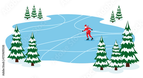 Santa Claus Ice Skating in Winter Scene.