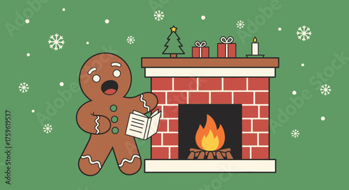 Gingerbread Man Reading Book by Fireplace Christmas Scene.