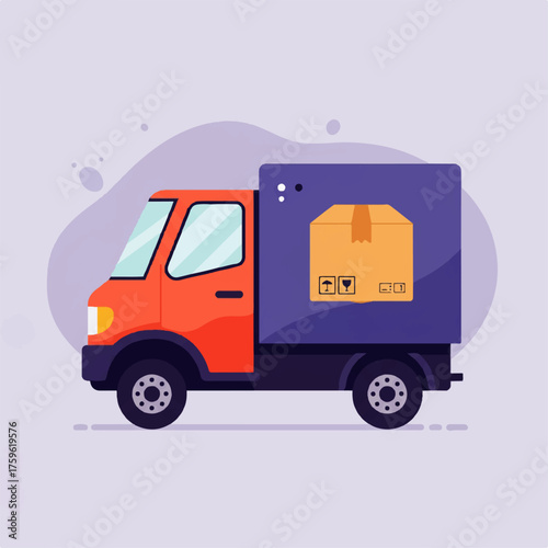 Illustration of a delivery truck carrying a cardboard box against a light purple background.