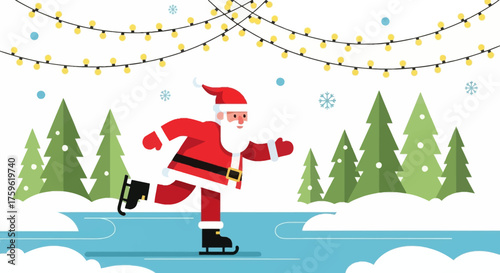 Santa Claus Ice Skating in Winter Wonderland.