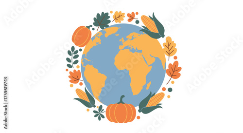Planet Earth globe surrounded by a wreath of autumn harvest elements like pumpkins, corn, and colorful leaves.