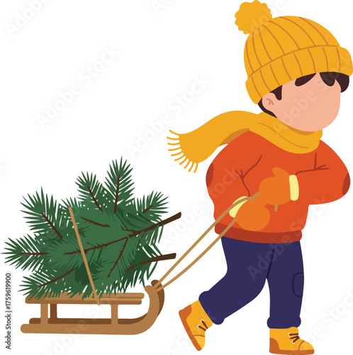 Boy dragging christmas tree on sled in winter clothing, perfect for seasonal greeting cards, holidaythemed designs, or winter advertisements.