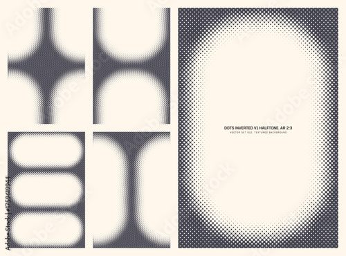 Assorted vector retro style inverted dots halftone pattern set in vertical 2:3 aspect ratio including rounded vignette frame and unique textures. Varied offset print vintage design element bundle