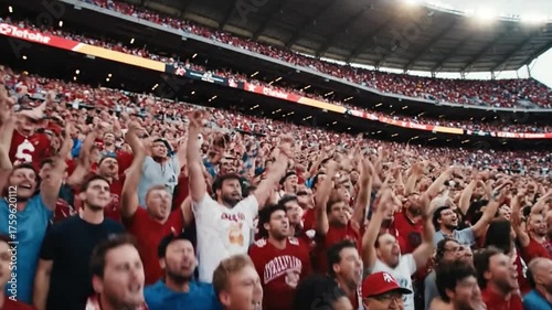 Massive stadium crowd of fans cheering ecstatically in slow motion.