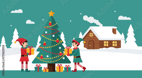 Festive Christmas Elves with Gifts and Decorated Tree.