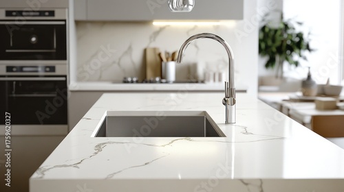 Kitchen sink with faucet on marble countertop. Modern kitchen background