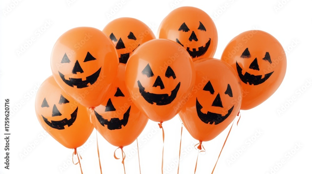 Fototapeta premium A cluster of orange balloons features joyful jack o lantern faces brightening the Halloween spirit.