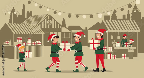 Festive Elves Delivering Christmas Gifts at Market.