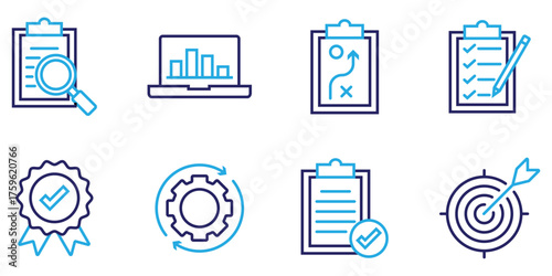 Accreditation and business assessment line vector design with quality and results symbols