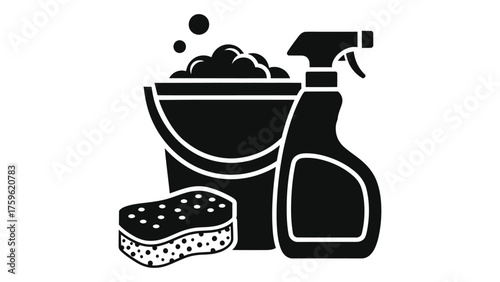 A black and white icon of cleaning supplies including a bucket, spray bottle, and sponge isolated on white background