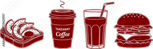Modern Food & Drink Silhouette Set - Avocado Toast, Coffee Cup Black Vector Icons for Trendy Lifestyle & Takeaway
