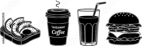 Modern Food & Drink Silhouette Set - Avocado Toast, Coffee Cup Black Vector Icons for Trendy Lifestyle & Takeaway