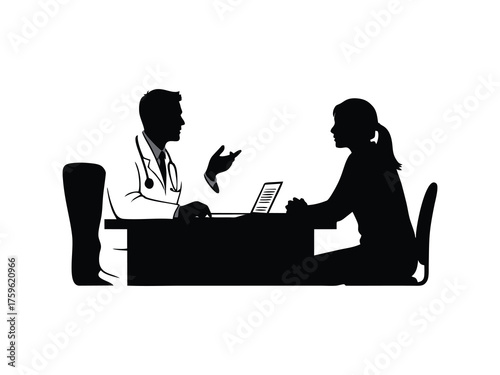 silhouette of a doctor examining a patient isolated with white background, patient consultation with doctor
