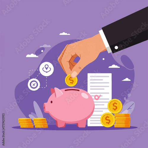 A hand placing a coin into a pink piggy bank, representing savings and finance.