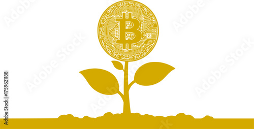 Cryptocurrency Growth Silhouette - Bitcoin Coin Sprouting from Ground Black Vector Icon for Finance, Investment & Crypto