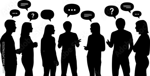 Diverse Group Conversation Silhouettes - Multi-Ethnic Young People Talking with Speech Bubbles Vector Icon Set