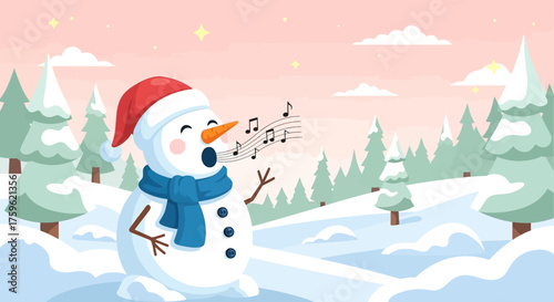 Cheerful Snowman Singing Christmas Carols in Winter Scene.