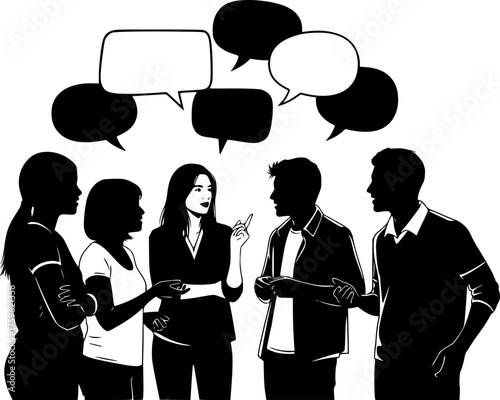 Diverse Group Conversation Silhouettes - Multi-Ethnic Young People Talking with Speech Bubbles Vector Icon Set