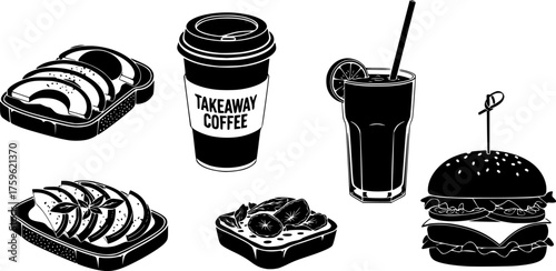Modern Food & Drink Silhouette Set - Avocado Toast, Coffee Cup Black Vector Icons for Trendy Lifestyle & Takeaway