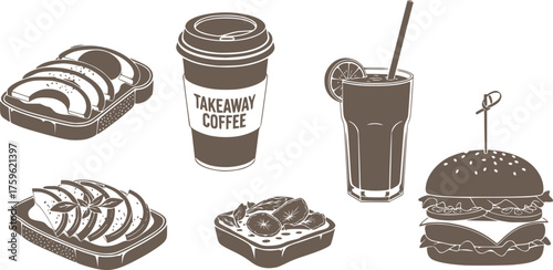 Modern Food & Drink Silhouette Set - Avocado Toast, Coffee Cup Black Vector Icons for Trendy Lifestyle & Takeaway