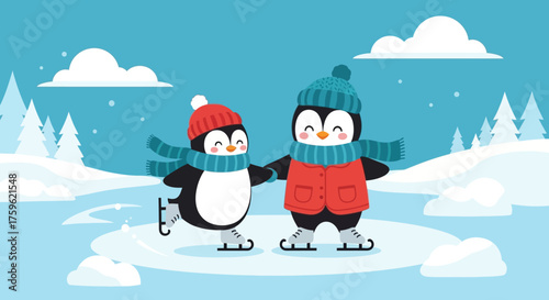 Two Cute Penguins Ice Skating Together in Winter.