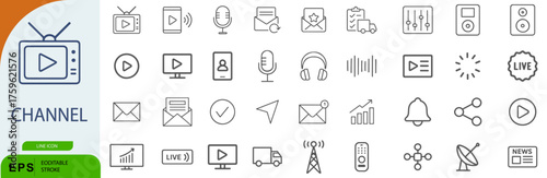 Channel Icon Set – 40 Line Style Symbols for Media, Streaming, and Digital Communication
