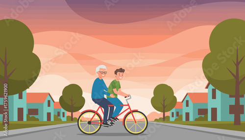 Intergenerational joy Grandfather and grandson bond cycling through a vibrant neighborhood at sunset