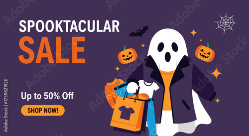 Spooktacular Halloween sale banner with a ghost carrying shopping bags perfect for festive retail promotions and discounts