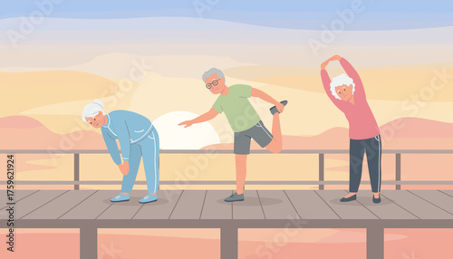 Seniors stretching on a pier at sunrise for health and active living