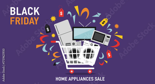 Black Friday home appliance sale Shopping cart overflowing with electronics and discounts