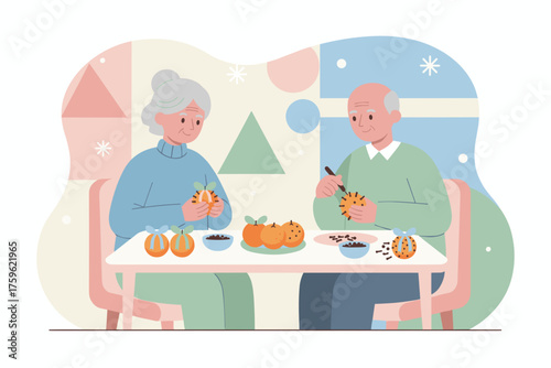 Happy senior couple making festive orange pomanders for holiday decor and fragrant home enjoyment