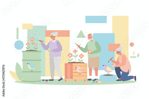 Elderly people happily painting decorative elements in a vibrant garden Active senior lifestyle and creative hobby