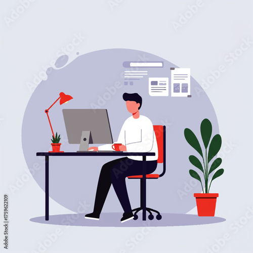 Vector illustration of a businessman sitting at an office desk working on a laptop computer to achieve success in a modern technology job concept