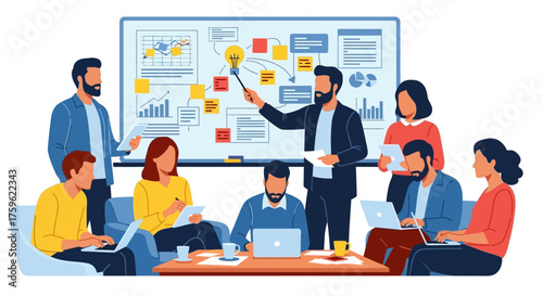 Team Collaboration and Brainstorming Session with Presentation Board.