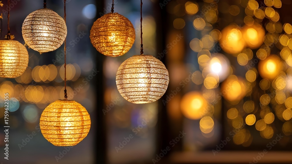 Obraz premium Warm gold paper lanterns hanging from cords, glowing softly with a dreamy golden bokeh background. Concept Warm golden lighting, Gold paper lanterns, Dreamy bokeh, Soft glow, Evening ambiance