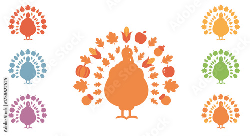 A vibrant collection of stylized turkey icons adorned with autumn harvest elements like leaves, pumpkins, and corn, set against a white background.