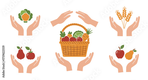 Illustration of hands holding various fresh produce like fruits, vegetables, and grains, with a central basket overflowing with healthy food items.