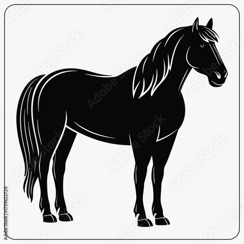 Black horse silhouette vector illustration. Stylized standing stallion or mare, isolated on white background. Farm animal or equestrian logo icon.